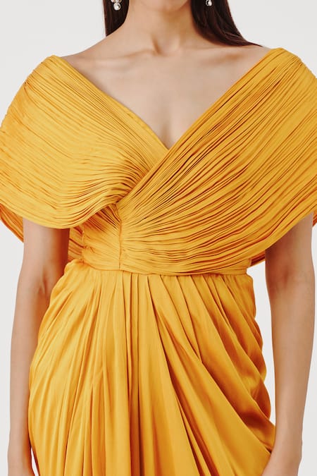 Shop Aroka Yellow Modal, Satin, Voile V-neck Golden Glow Criss Cross Pleated Dress Online at Aza Fashions Shop_Aroka_Yellow Modal, Satin, Voile V-neck Golden Glow Criss Cross Pleated Dress _Online_at_Aza_Fashions