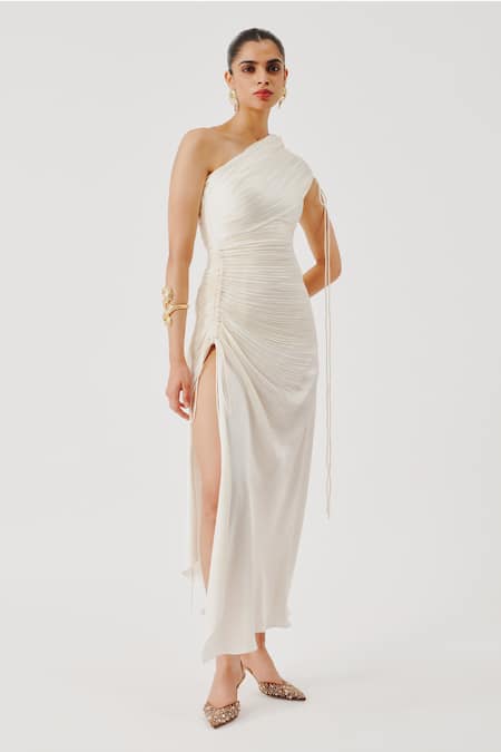 Aroka White Modal, Satin One Shoulder Pearl Radiance Draped Dress