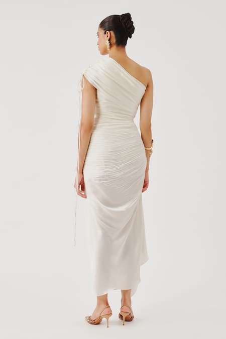 Shop Aroka White Modal, Satin One Shoulder Pearl Radiance Draped Dress at Aza Fashions Shop_Aroka_White Modal, Satin One Shoulder Pearl Radiance Draped Dress _at_Aza_Fashions