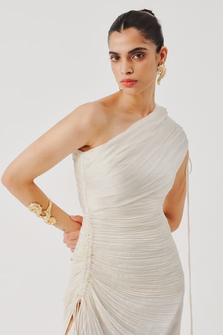 Aroka White Modal, Satin One Shoulder Pearl Radiance Draped Dress Online at Aza Fashions Aroka_White Modal, Satin One Shoulder Pearl Radiance Draped Dress _Online_at_Aza_Fashions