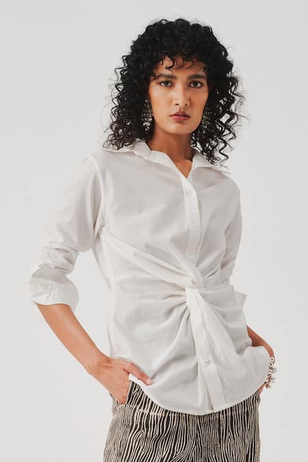 Aroka White Modal Collared Satin Twist Shirt 