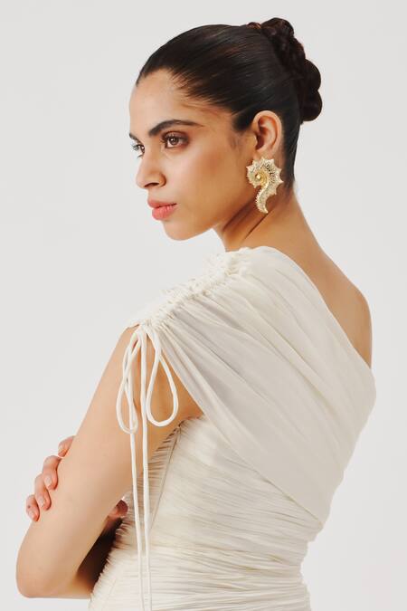Buy Aroka White Modal, Satin One Shoulder Pearl Radiance Draped Dress Online at Aza Fashions Buy_Aroka_White Modal, Satin One Shoulder Pearl Radiance Draped Dress _Online_at_Aza_Fashions