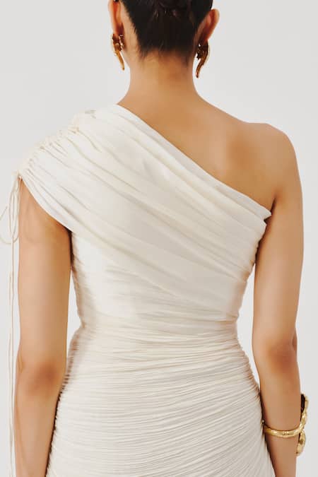 Shop Aroka White Modal, Satin One Shoulder Pearl Radiance Draped Dress Online at Aza Fashions Shop_Aroka_White Modal, Satin One Shoulder Pearl Radiance Draped Dress _Online_at_Aza_Fashions