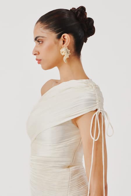 Aroka White Modal, Satin One Shoulder Pearl Radiance Draped Dress at Aza Fashions Aroka_White Modal, Satin One Shoulder Pearl Radiance Draped Dress _at_Aza_Fashions