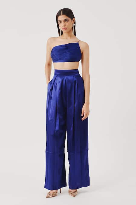 Aroka Blue Modal, Satin Pleated Oversized Pant