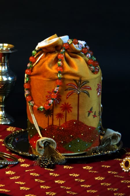 Mid July Home Sunset Orange Embroidered Velvet Potli Bag 