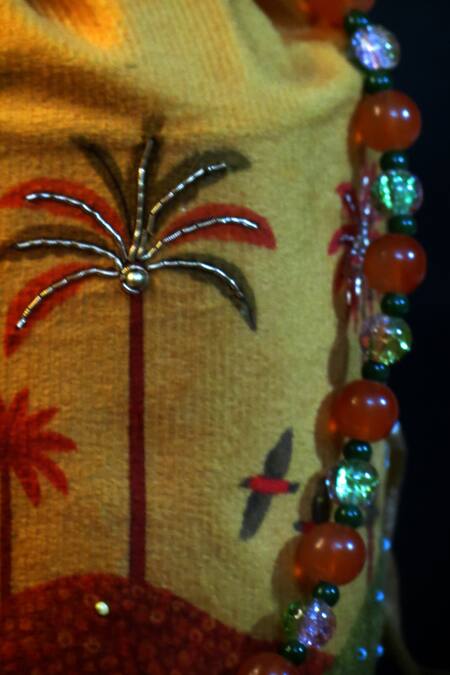 Mid July Home_Mustard Embroidery, Beads, Tassels Sunset Orange Velvet Potli Bag _Online_at_Aza_Fashions