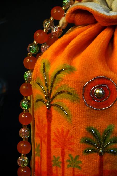 Mid July Home_Orange Embroidery, Beads Scenic Palm Potli Bag _Online_at_Aza_Fashions