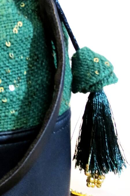 Mid July Home_Emerald Green Sequins, Tassels, Beads Embroidered Potli Bag _Online_at_Aza_Fashions