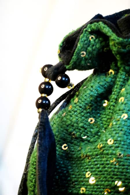 Buy_Mid July Home_Emerald Green Sequins, Tassels, Beads Embroidered Potli Bag _Online_at_Aza_Fashions