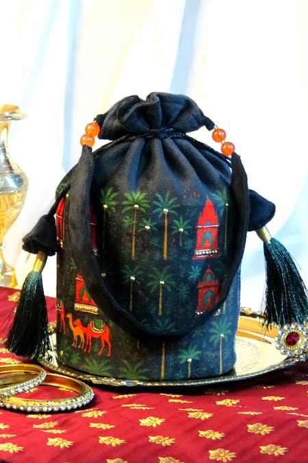 Mid July Home Black Embroidery, Beads, Tassels Luxury Rajasthan Potli Bag 