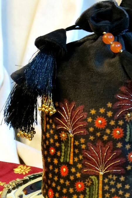 Mid July Home_Black Embroidery, Tassels, Beads Handcrafted Midnight Bloom Potli Bag _Online_at_Aza_Fashions