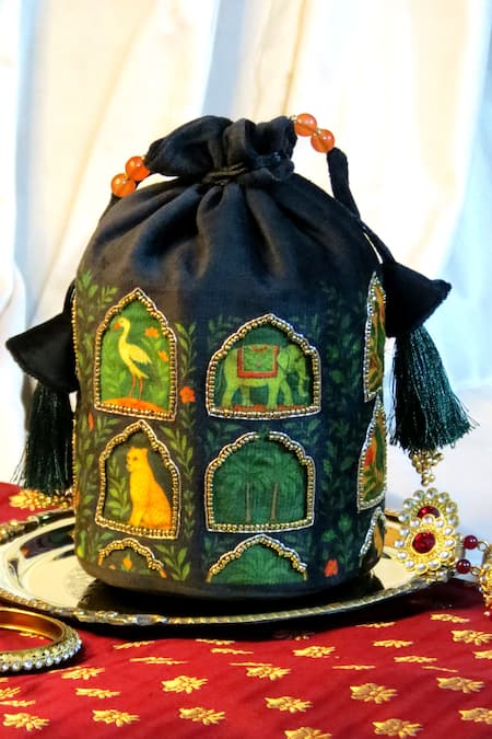Mid July Home Green Embroidery, Beads, Tassels Hand Jharokha Majesty Potli Bag 