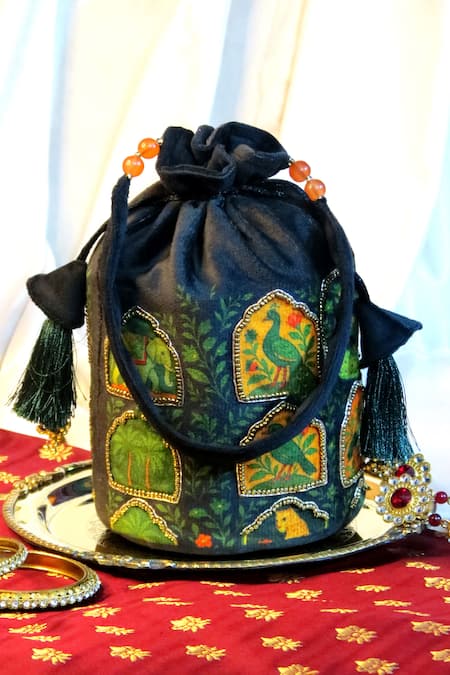 Mid July Home_Green Embroidery, Beads, Tassels Hand Jharokha Majesty Potli Bag _Online_at_Aza_Fashions