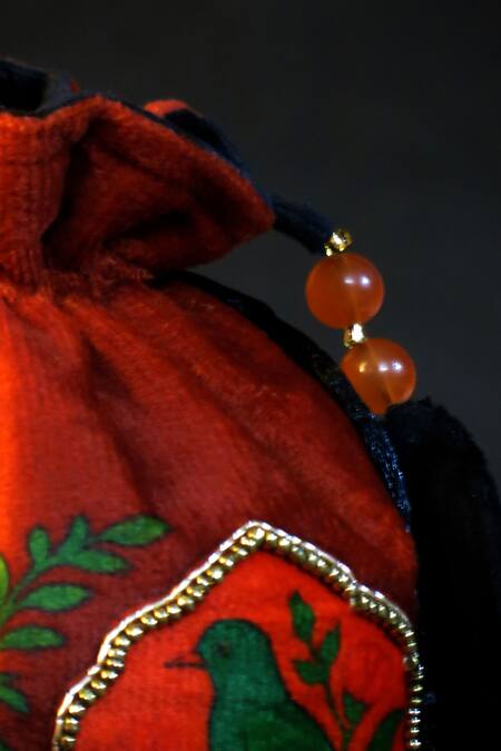 Mid July Home_Red Embroidery, Beads, Tassels Gulnaar Jharokha Potli Bag _Online_at_Aza_Fashions