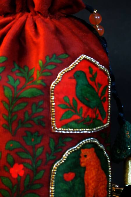 Buy_Mid July Home_Red Embroidery, Beads, Tassels Gulnaar Jharokha Potli Bag _Online_at_Aza_Fashions