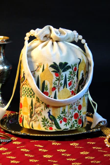 Mid July Home Ivory Embroidery, Beads Royal Garden Potli Bag 