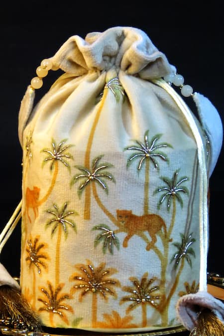 Mid July Home Palm Tree & Leopard Embroidered Potli Bag 