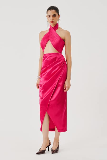 Aroka Pink Modal Satin Halter Neck Draped Top