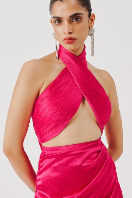 Aroka Pink Modal Satin Halter Neck Draped Top Online at Aza Fashions Aroka_Pink Modal Satin Halter Neck Draped Top _Online_at_Aza_Fashions