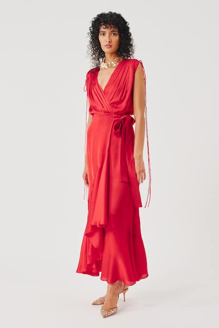Aroka_Red Modal, Satin V-neck Rumba Overlap Draped Dress _Online_at_Aza_Fashions