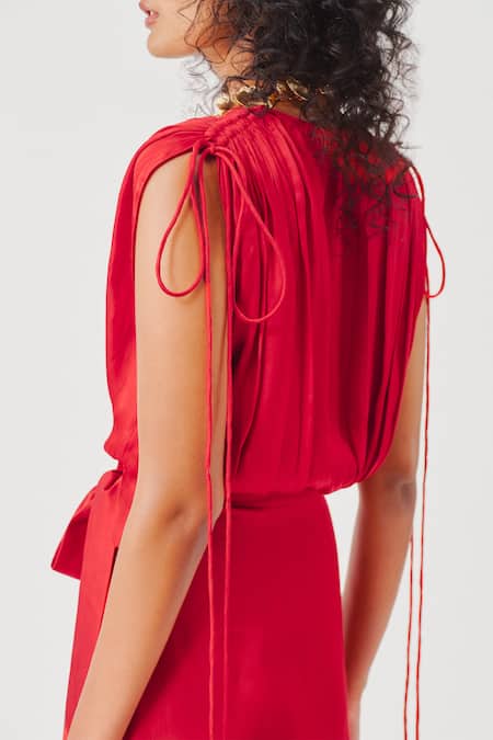 Shop_Aroka_Red Modal, Satin V-neck Rumba Overlap Draped Dress _Online_at_Aza_Fashions