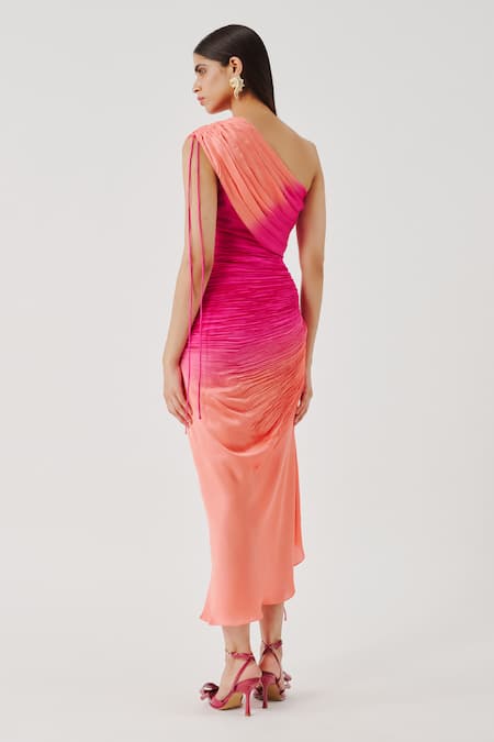 Shop Aroka Pink Modal, Satin One Shoulder Rosie Ruched High Slit Dress at Aza Fashions Shop_Aroka_Pink Modal, Satin One Shoulder Rosie Ruched High Slit Dress _at_Aza_Fashions