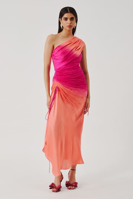 Aroka Pink Modal, Satin One Shoulder Rosie Ruched High Slit Dress Online at Aza Fashions Aroka_Pink Modal, Satin One Shoulder Rosie Ruched High Slit Dress _Online_at_Aza_Fashions