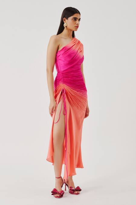 Buy Aroka Pink Modal, Satin One Shoulder Rosie Ruched High Slit Dress Online at Aza Fashions Buy_Aroka_Pink Modal, Satin One Shoulder Rosie Ruched High Slit Dress _Online_at_Aza_Fashions