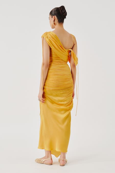 Shop Aroka Yellow Modal, Satin Asymmetric Pleated Draped Panelled Dress at Aza Fashions Shop_Aroka_Yellow Modal, Satin Asymmetric Pleated Draped Panelled Dress _at_Aza_Fashions