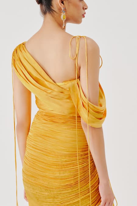 Aroka Yellow Modal, Satin Asymmetric Pleated Draped Panelled Dress Online at Aza Fashions Aroka_Yellow Modal, Satin Asymmetric Pleated Draped Panelled Dress _Online_at_Aza_Fashions