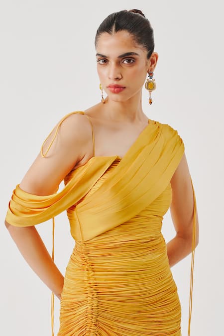 Buy Aroka Yellow Modal, Satin Asymmetric Pleated Draped Panelled Dress Online at Aza Fashions Buy_Aroka_Yellow Modal, Satin Asymmetric Pleated Draped Panelled Dress _Online_at_Aza_Fashions