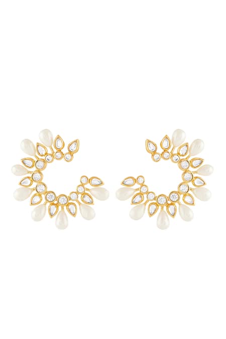Shop Isharya Gold Plated Pearls, Stones Paradise Dew Hoop Earrings at Aza Fashions Shop_Isharya_Gold Plated Pearls, Stones Paradise Dew Hoop Earrings _at_Aza_Fashions