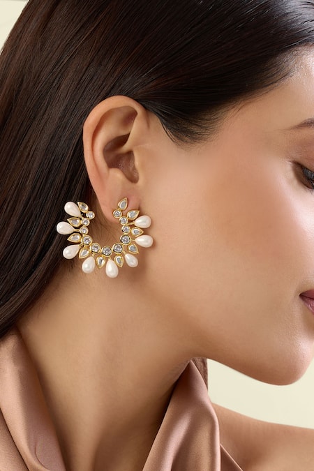 Shop Isharya Gold Plated Pearls, Stones Paradise Dew Hoop Earrings Online at Aza Fashions Shop_Isharya_Gold Plated Pearls, Stones Paradise Dew Hoop Earrings _Online_at_Aza_Fashions