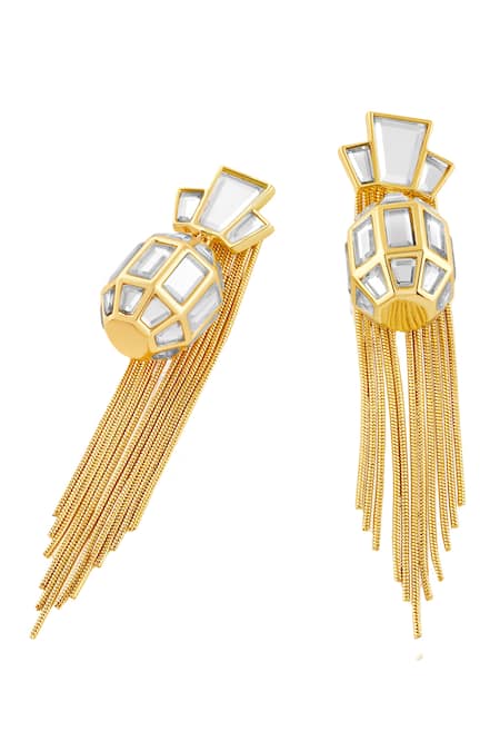 Isharya_Gold Plated Mirrors, Tassels Bombay Deco Earrings _Online_at_Aza_Fashions