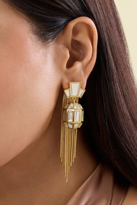 Shop_Isharya_Gold Plated Mirrors, Tassels Bombay Deco Earrings _Online_at_Aza_Fashions