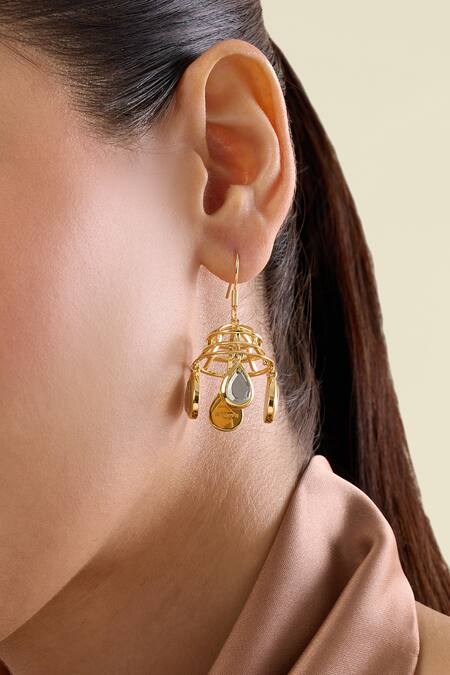 Shop_Isharya_Gold Plated Mirrors Ayaana Bell Dangling Earrings_Online_at_Aza_Fashions