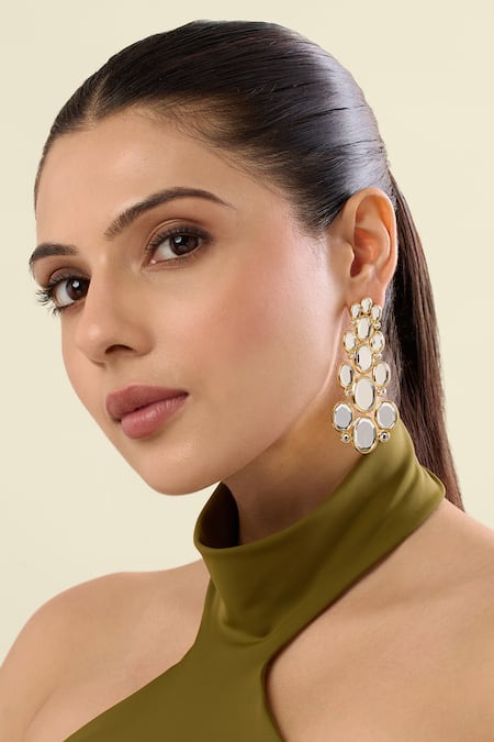 Isharya Gold Plated Mirrors, Stones Limelight Oval Long Earrings 