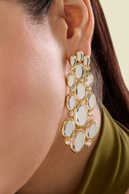 Shop_Isharya_Gold Plated Mirrors, Stones Limelight Oval Long Earrings_Online_at_Aza_Fashions