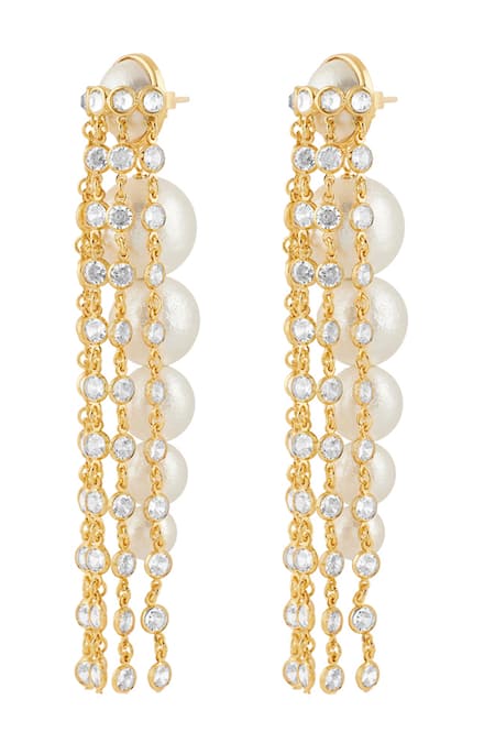 Buy_Isharya_Gold Plated Pearls, Crystals Limelight And Chain Long Earrings_Online_at_Aza_Fashions