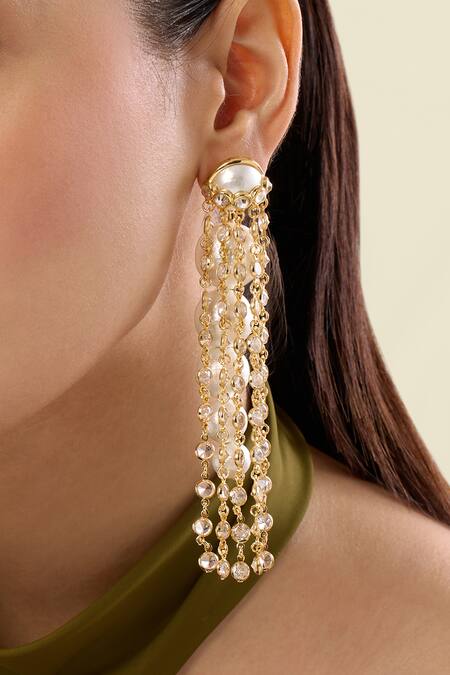 Shop_Isharya_Gold Plated Pearls, Crystals Limelight And Chain Long Earrings_Online_at_Aza_Fashions