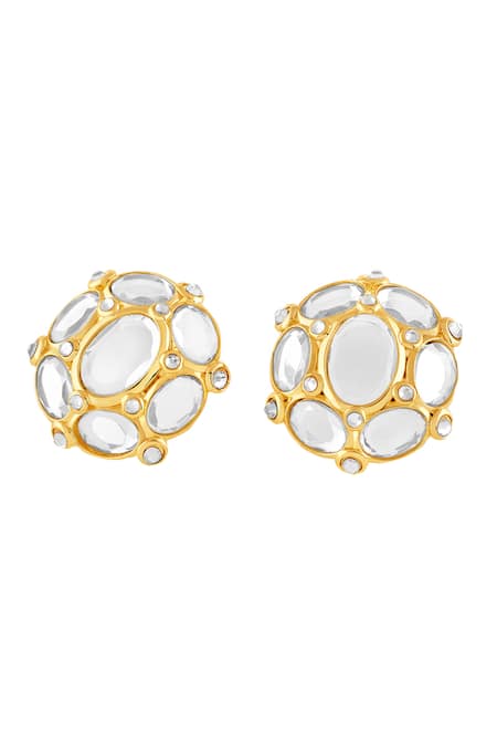 Isharya_Gold Plated Mirrors, Stones Limelight Oval Mega Stud Earrings_Online_at_Aza_Fashions