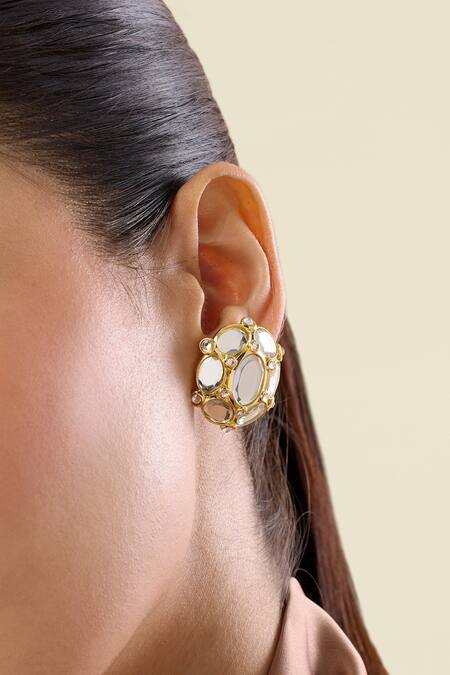 Shop_Isharya_Gold Plated Mirrors, Stones Limelight Oval Mega Stud Earrings_Online_at_Aza_Fashions