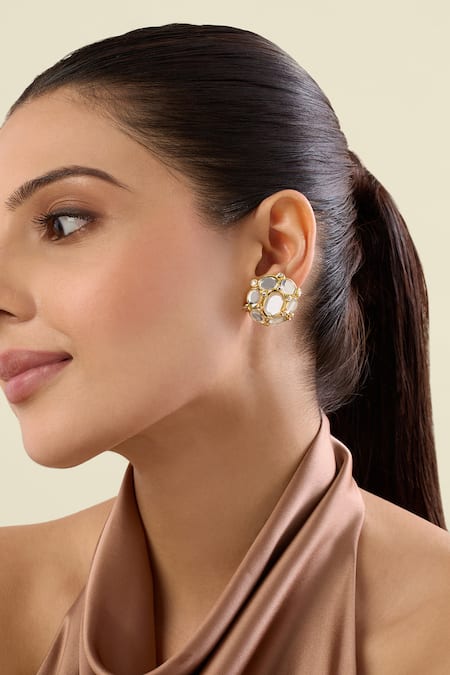 Isharya Gold Plated Mirrors, Stones Limelight Oval Mega Stud Earrings 