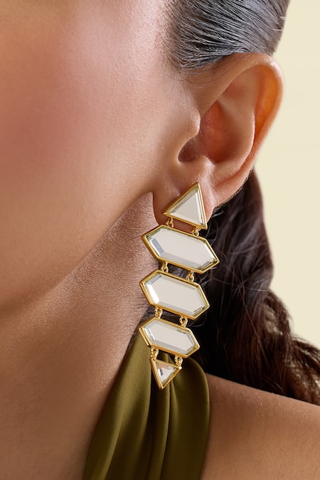 Shop Isharya Gold Plated Mirrors Demi Goddess Dazzle Earrings Online at Aza Fashions Shop_Isharya_Gold Plated Mirrors Demi Goddess Dazzle Earrings_Online_at_Aza_Fashions