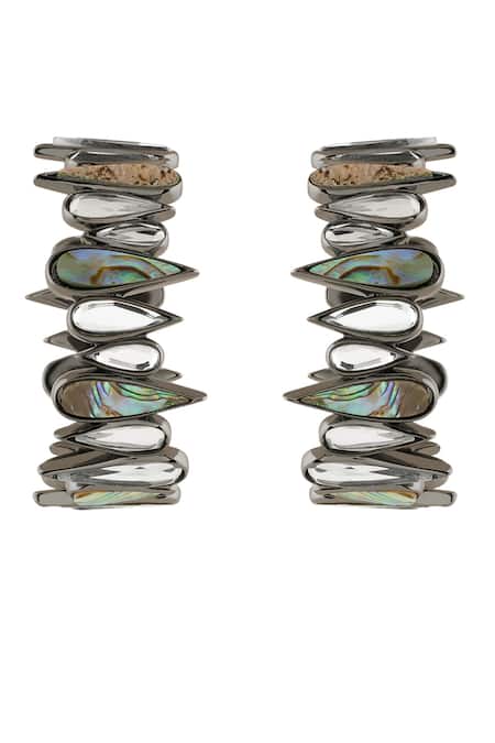 Shop Isharya Black Demi Goddess Drop Mirror And Abalone Earrings at Aza Fashions Shop_Isharya_Black Demi Goddess Drop Mirror And Abalone Earrings _at_Aza_Fashions