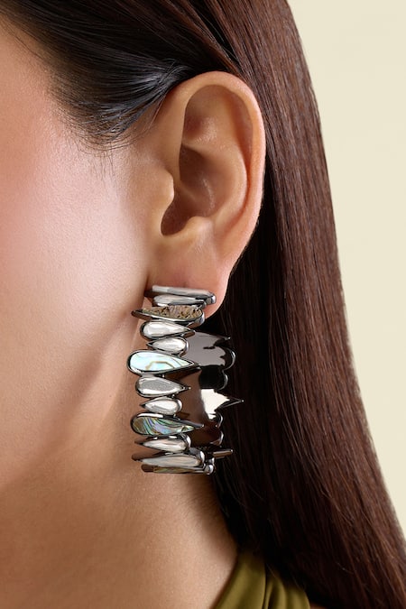 Shop Isharya Black Demi Goddess Drop Mirror And Abalone Earrings Online at Aza Fashions Shop_Isharya_Black Demi Goddess Drop Mirror And Abalone Earrings _Online_at_Aza_Fashions