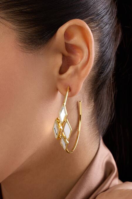 Shop_Isharya_Gold Plated Mirrors Demi Goddess Rhombus Hoop Earrings_Online_at_Aza_Fashions