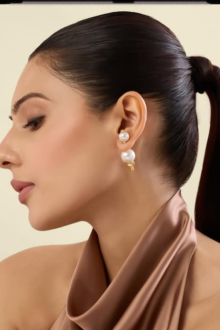 Shop_Isharya_Gold Plated Pearls Illusion Silicon Stud Earrings_Online_at_Aza_Fashions
