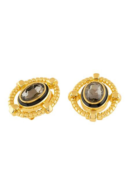 Isharya_Gold Plated Crystals Nut And Bolt Black Diamond Stud Earrings_Online_at_Aza_Fashions